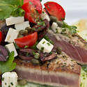 Seared Florida Tuna Steaks with Mediterranean Relish and Herb Oil